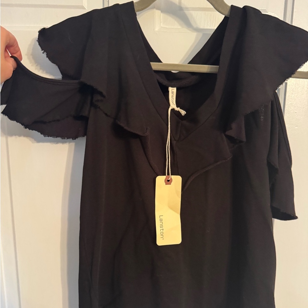 Lanston Black Ruffle Blouse Cold Shoulder Tencel Blend Top Size M NWT